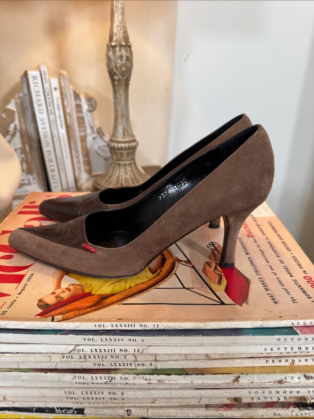 Vintage Sesto Meucci Brown Suede Pointed-Toe Pumps with Red Heel Accent
